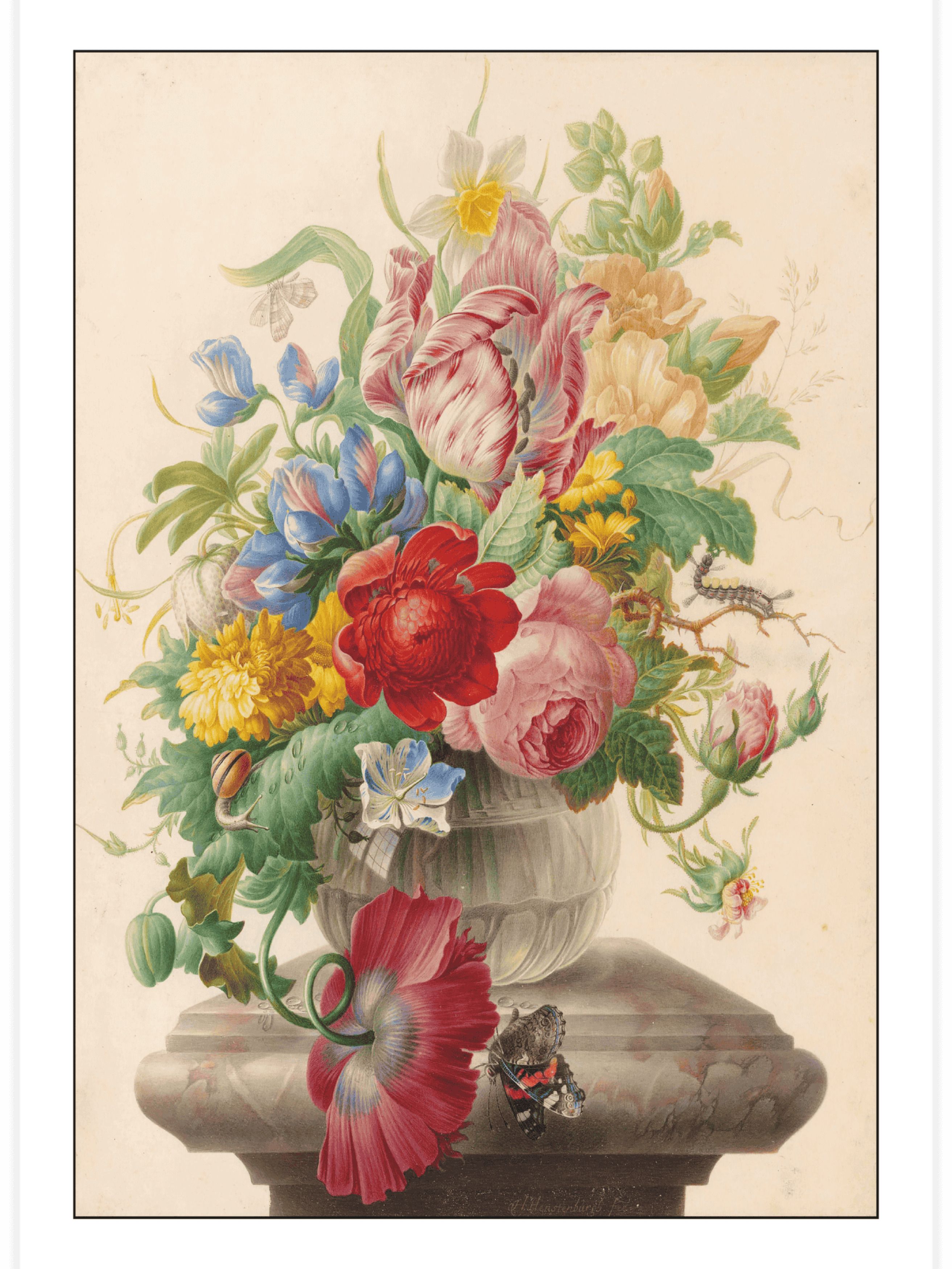Flowers in a Glass Vase with a Butterfly Poster